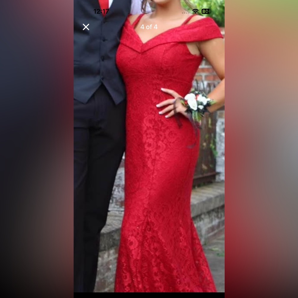 R & M Richards Red Lace Off-Shoulder Prom Gown
